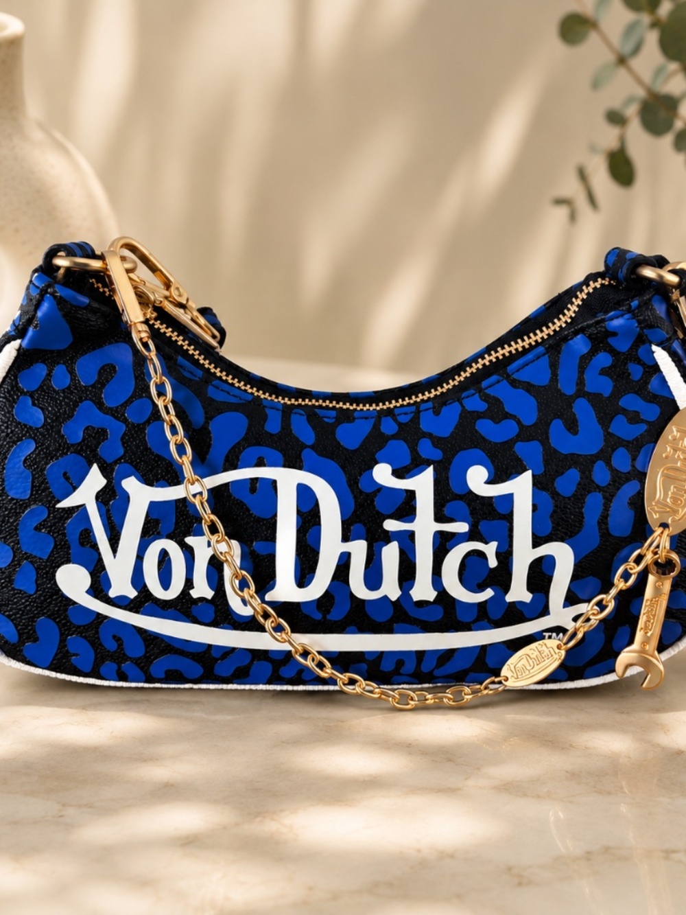 Von Dutch Blue Leopard Print Shoulder Bag Gold Chain Y2K Purse